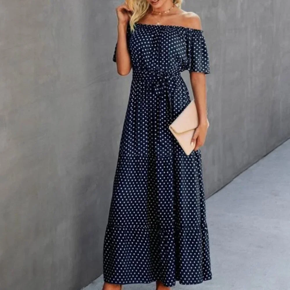 Boho polka-dot shoulder ruffle maxi dress blue - Picture 3 of 6